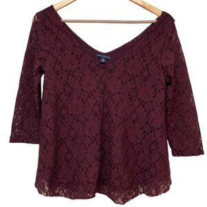American Eagle Burgundy Lace v neck top size S